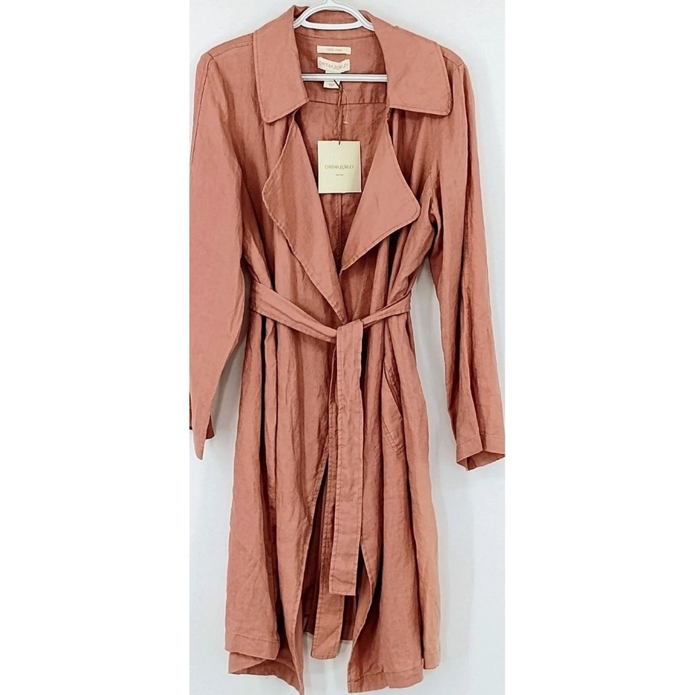 New Cynthia Rowley 100% Linen Trench Coat Dusty Rose Tie Waist Pockets Womens XL - Picture 10 of 10